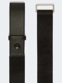 Elasticated webbing and leather belt - BLACK