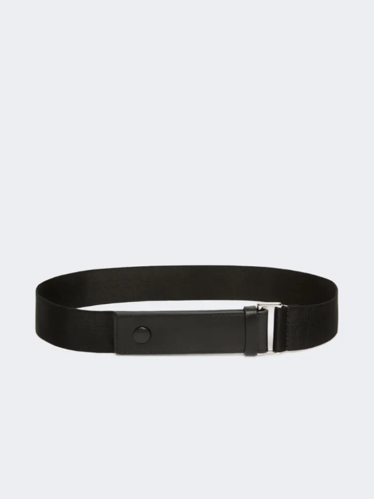 Elasticated webbing and leather belt - BLACK