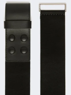 Elasticated webbing and leather wide belt - BLACK