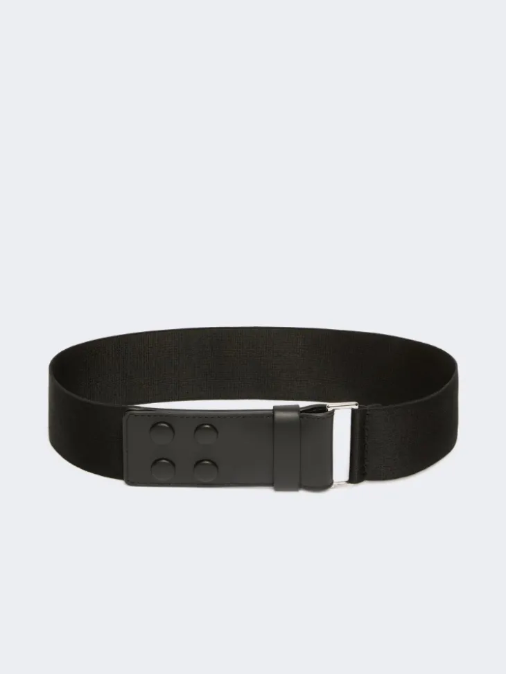 Elasticated webbing and leather wide belt - BLACK