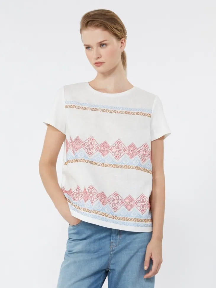 Embroidered linen and stretch cotton jersey T-shirt - WHITE