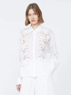 Embroidered ramie canvas boxy shirt - WHITE