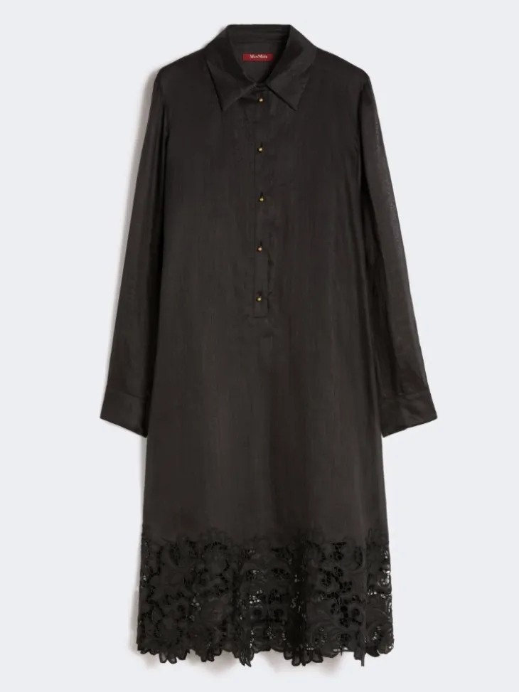 Embroidered ramie gauze shirt dress - BLACK