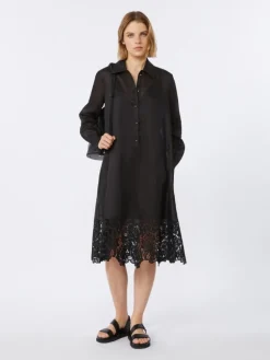 Embroidered ramie gauze shirt dress - BLACK