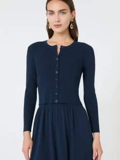 Fine rib-knit viscose yarn cardigan - NAVY