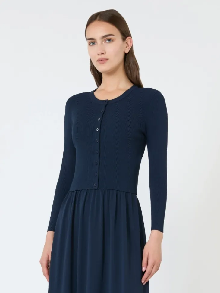 Fine rib-knit viscose yarn cardigan - NAVY