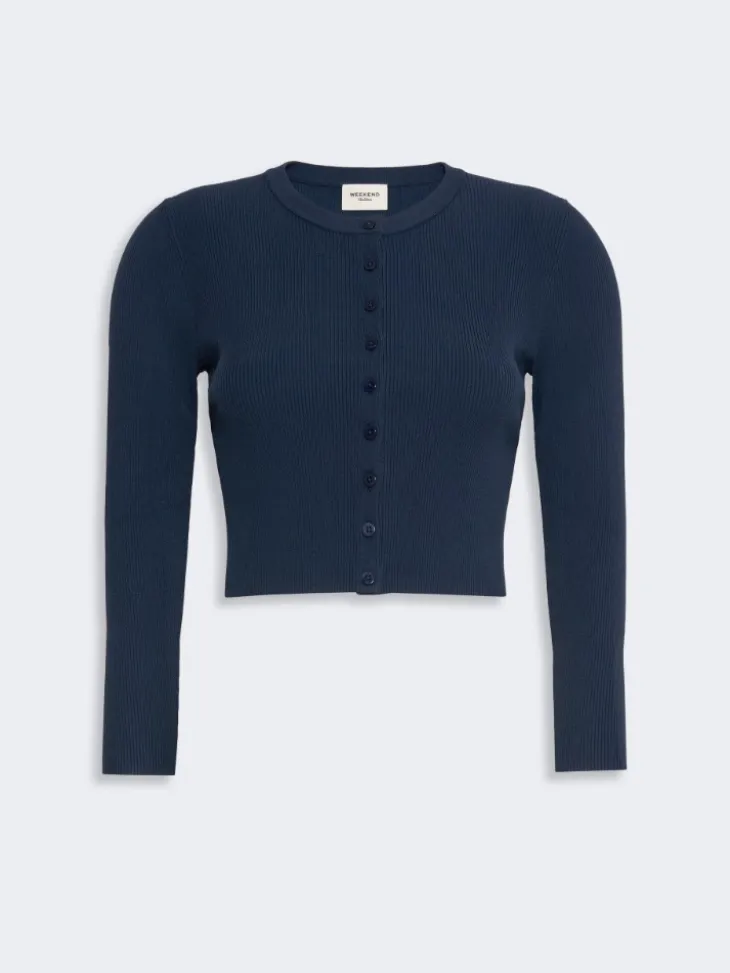 Fine rib-knit viscose yarn cardigan - NAVY
