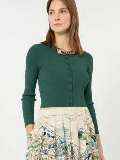 Fine rib-knit viscose yarn cardigan - GREEN