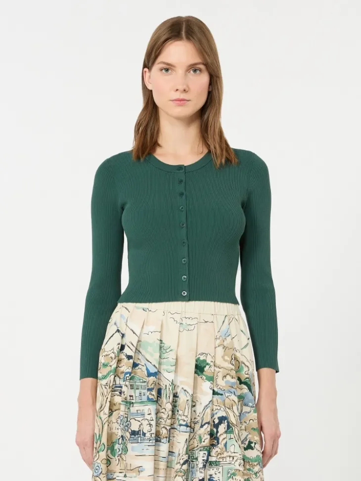 Fine rib-knit viscose yarn cardigan - GREEN