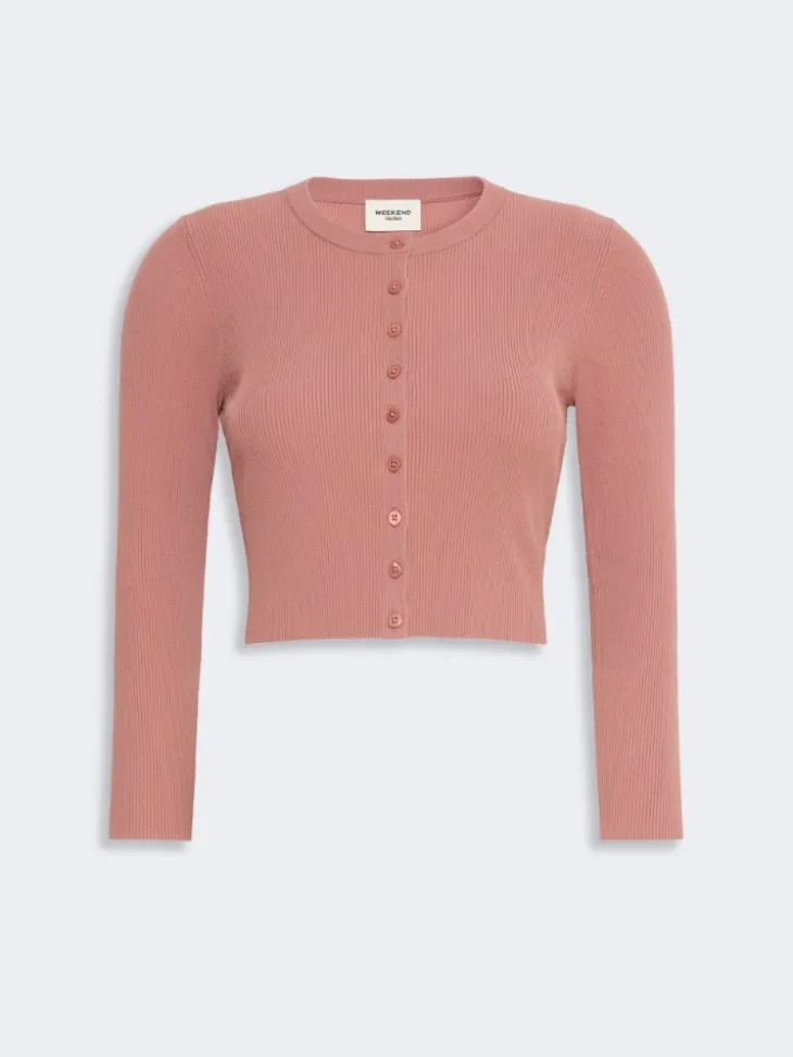 Fine rib-knit viscose yarn cardigan - TERRA COTTA
