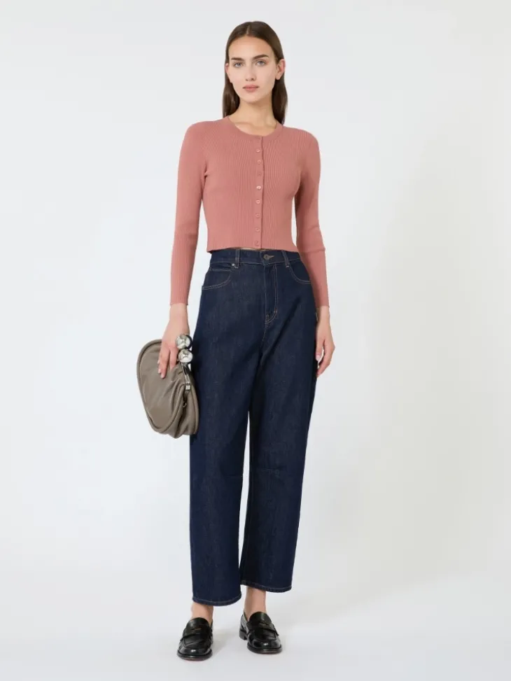 Fine rib-knit viscose yarn cardigan - TERRA COTTA