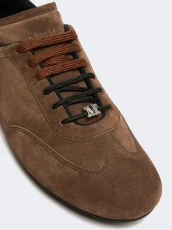 Flat split-leather trainers - DARK BROWN