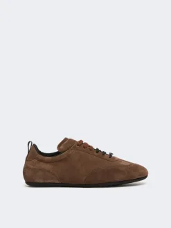 Flat split-leather trainers - DARK BROWN