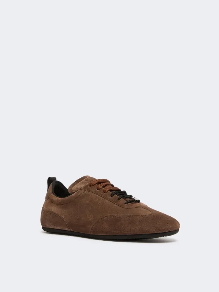 Flat split-leather trainers - DARK BROWN