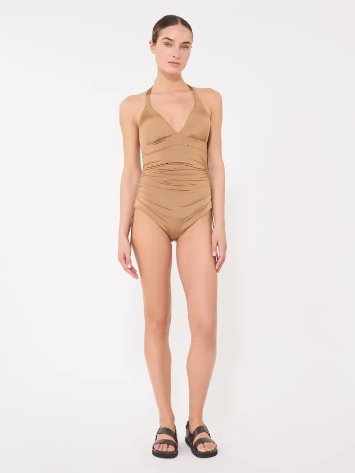 Gathered jersey swimsuit - CAMEL