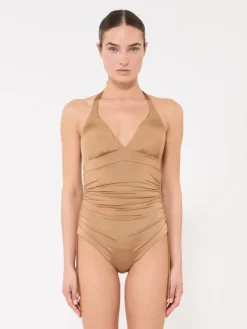 Gathered jersey swimsuit - CAMEL