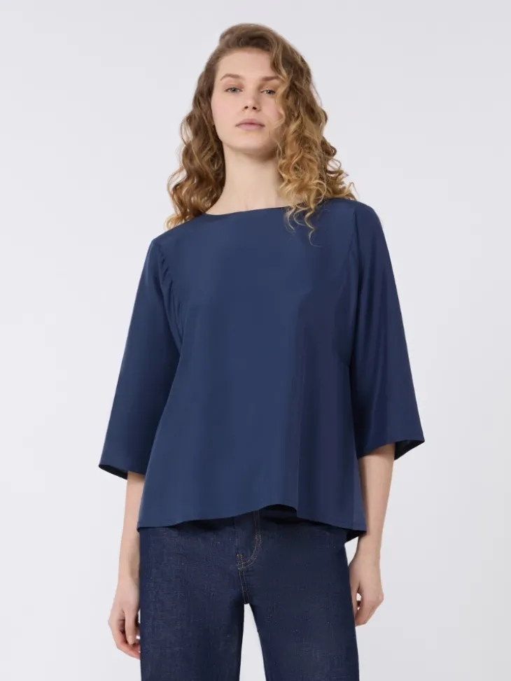 Habotai silk and jersey blouse - NAVY