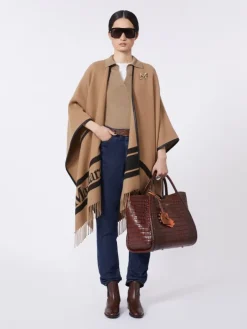 Jacquard wool poncho - CAMEL