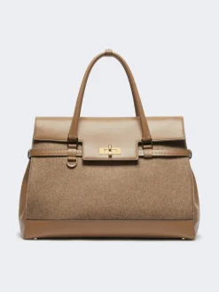 Large cashmere and leather handbag - BROWN