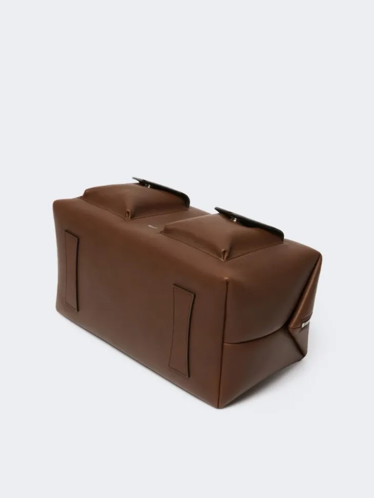 Large leather Boston bag with pockets - BROWN