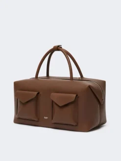 Large leather Boston bag with pockets - BROWN