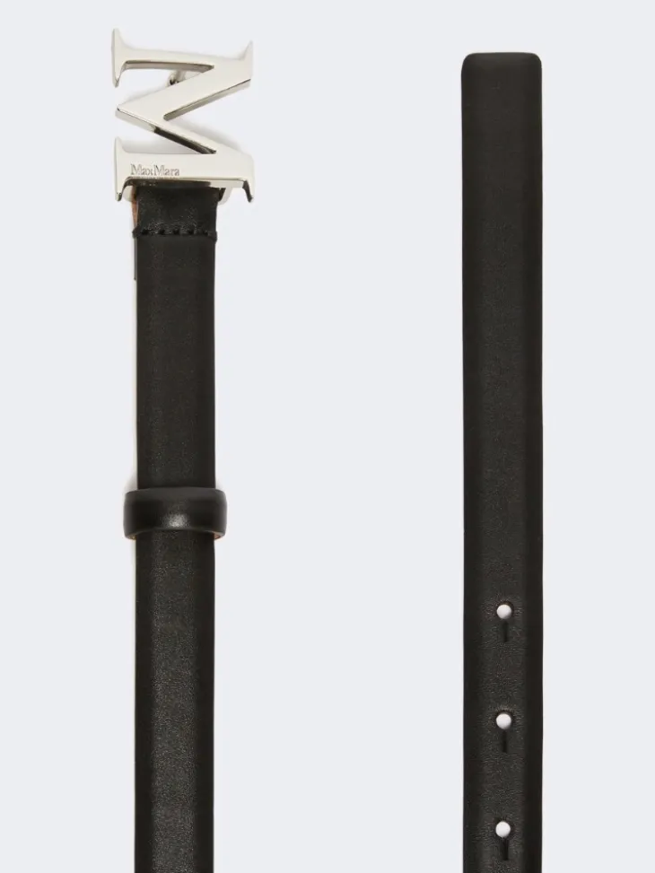 Leather belt with Monogram buckle - BLACK