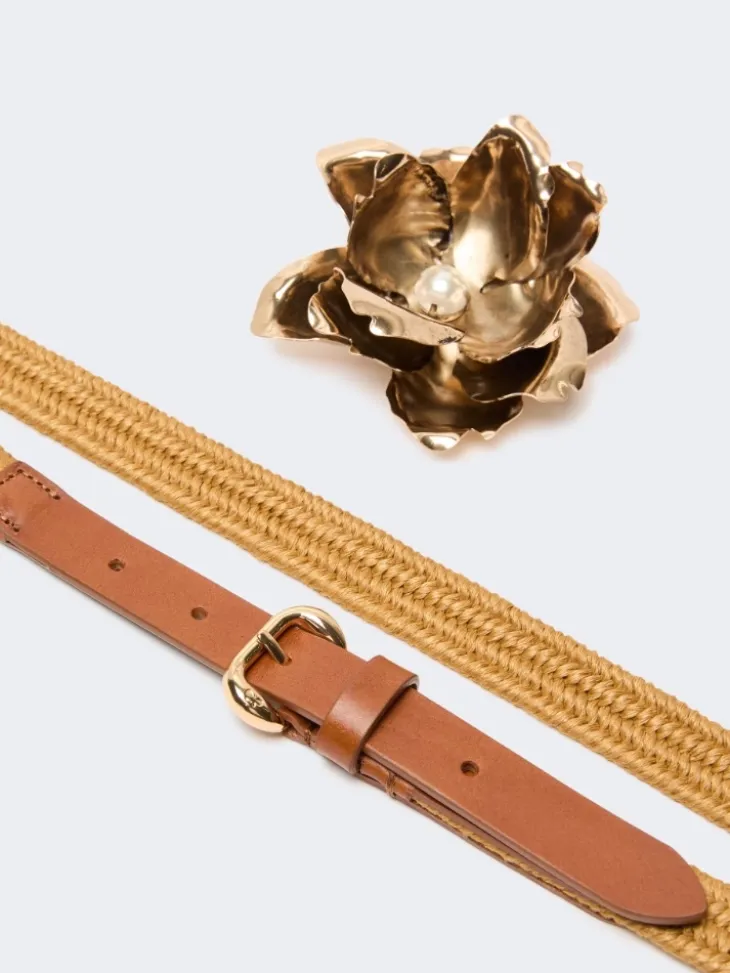 Linen and cotton belt with jewelled brooch - MUSTARD