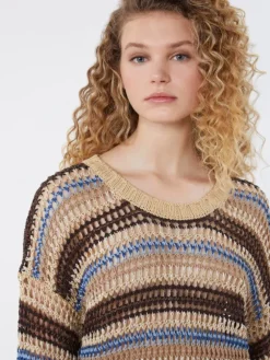 Linen and cotton yarn mesh jumper - BROWN