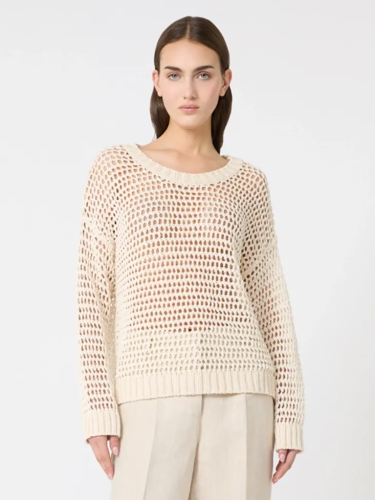 Linen and cotton yarn mesh jumper - ECRU
