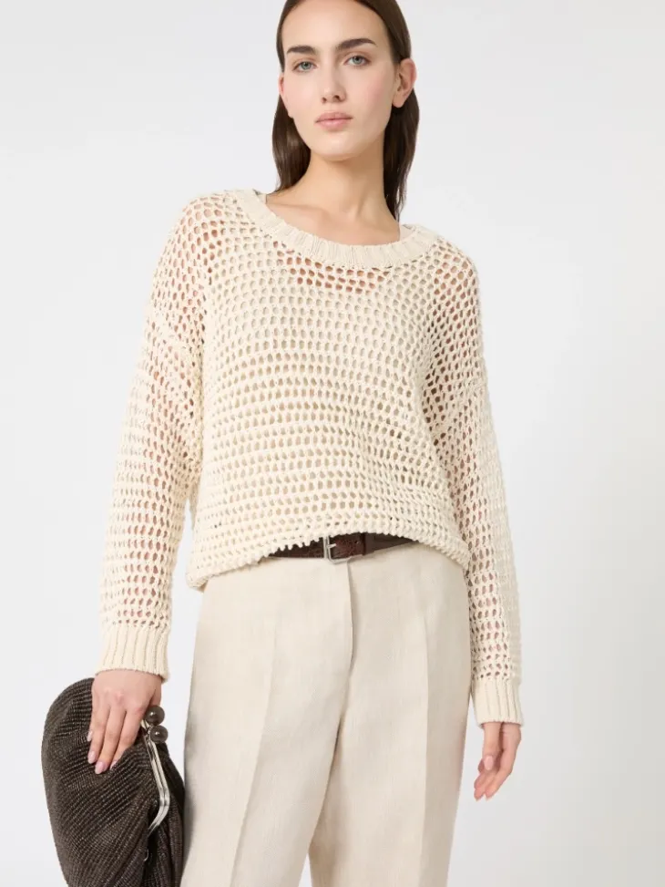 Linen and cotton yarn mesh jumper - ECRU