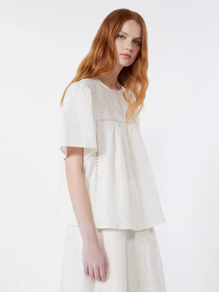 Linen canvas and stretch jersey top - ECRU