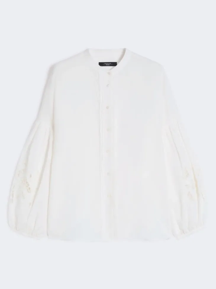Linen canvas mandarin-collar shirt - WHITE