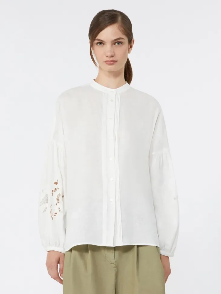 Linen canvas mandarin-collar shirt - WHITE