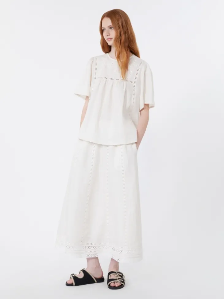 Linen skirt with à jour embroidery - ECRU