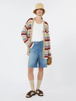 Linen yarn cardigan with belt - CHERRY