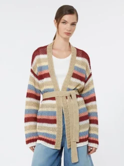 Linen yarn cardigan with belt - CHERRY