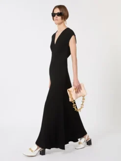 Long dress with V-neck in canneté - BLACK