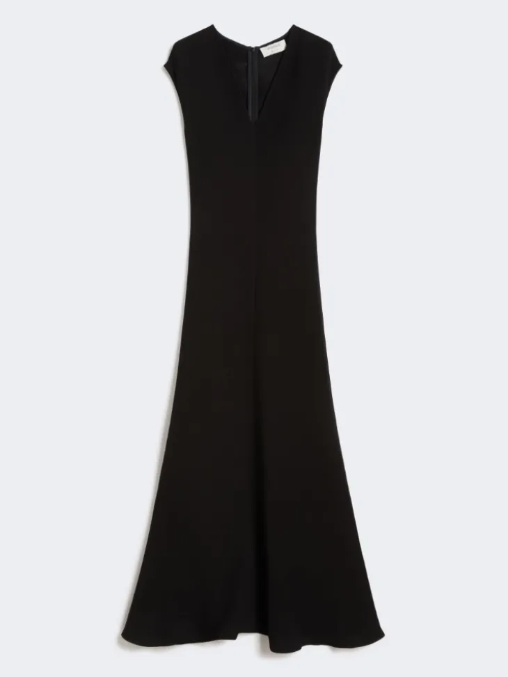 Long dress with V-neck in canneté - BLACK