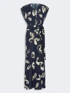 Long printed crepe de chine dress - ULTRAMARINE