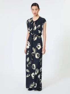 Long printed crepe de chine dress - ULTRAMARINE