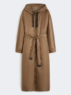 Long water-repellent canvas padded parka - TOBACCO