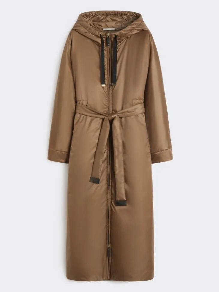 Long water-repellent canvas padded parka - TOBACCO
