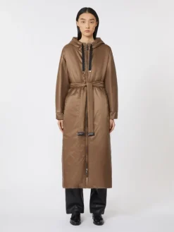 Long water-repellent canvas padded parka - TOBACCO
