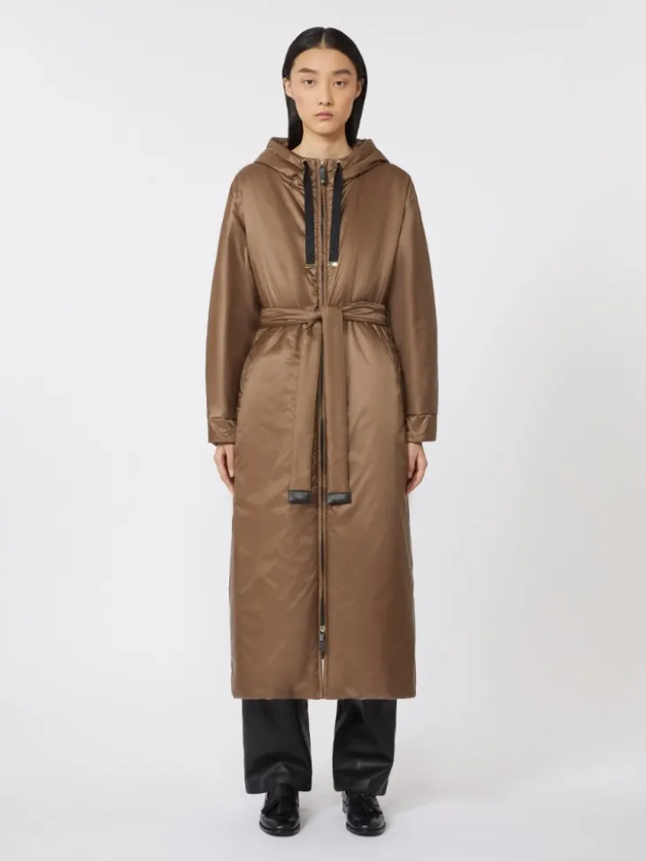 Long water-repellent canvas padded parka - TOBACCO