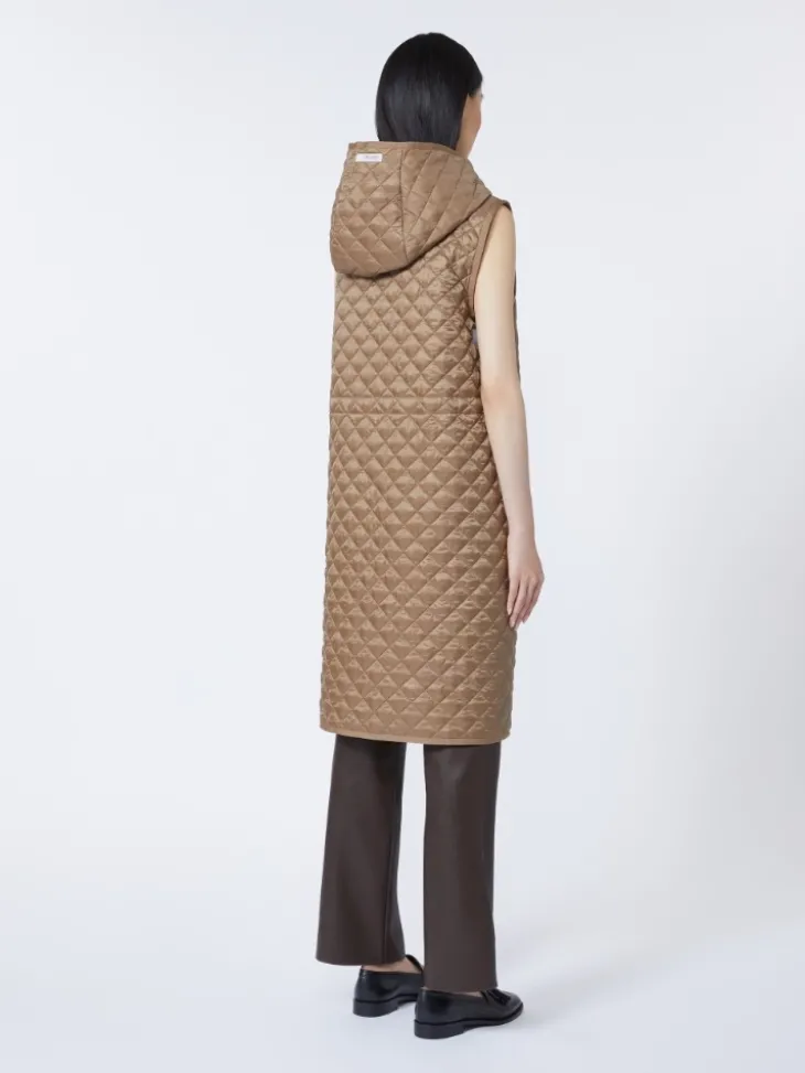 Long water-repellent canvas padded gilet - HAZELNUT BROWN