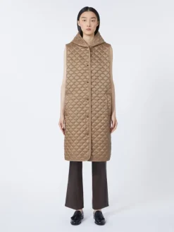 Long water-repellent canvas padded gilet - HAZELNUT BROWN