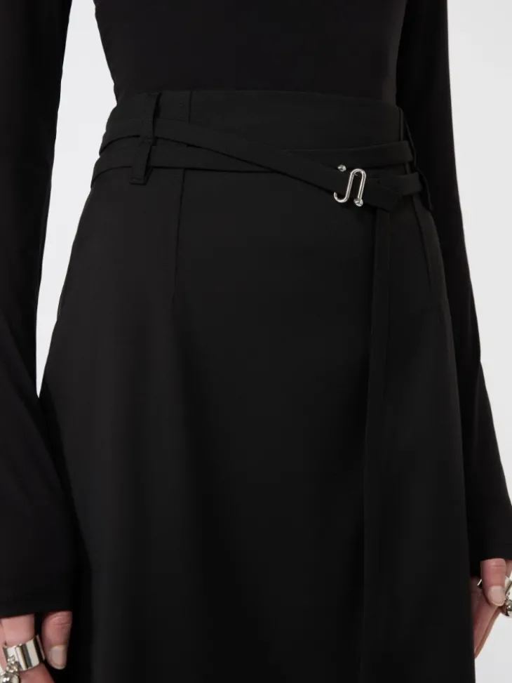 Long wool skirt with belt - BLACK
