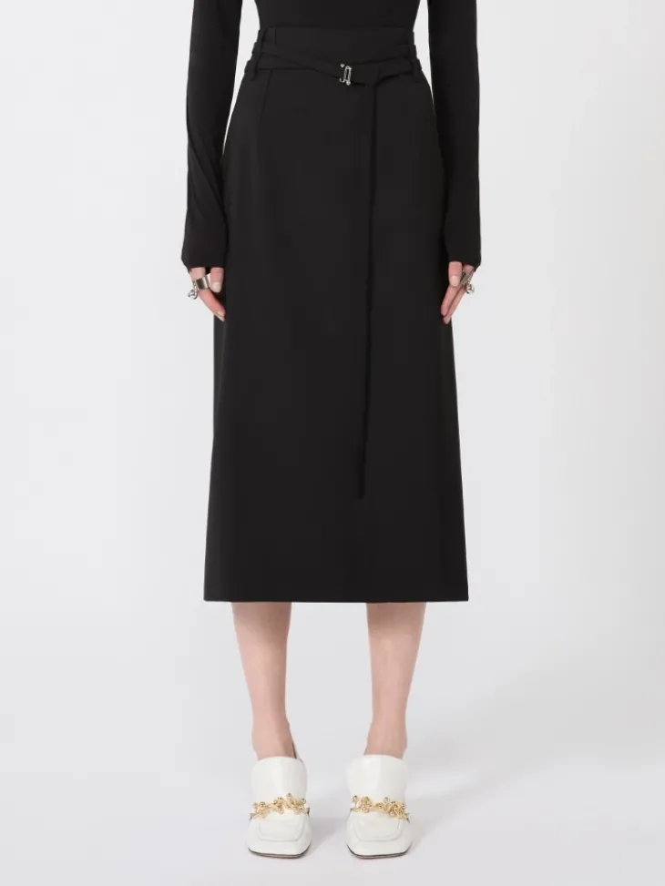 Long wool skirt with belt - BLACK