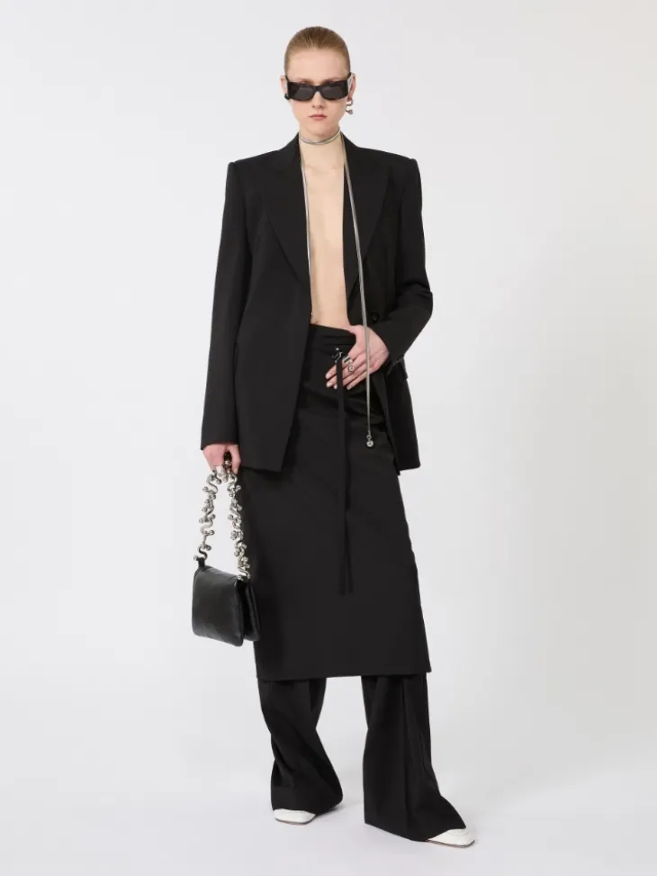 Long wool skirt with belt - BLACK