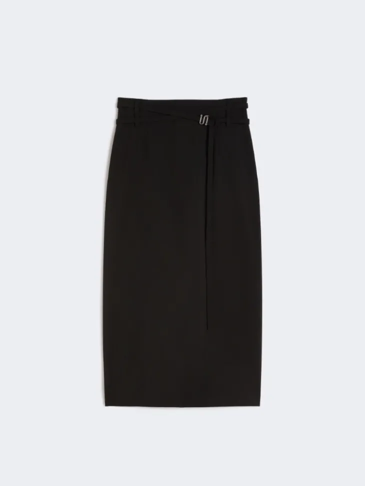 Long wool skirt with belt - BLACK